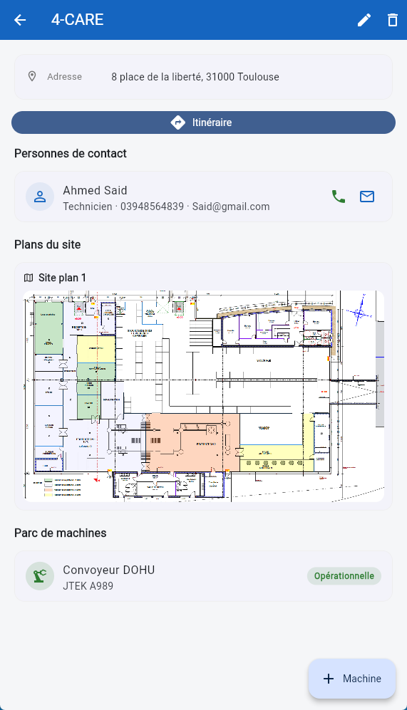 Fiche client avec contacts et plan du site