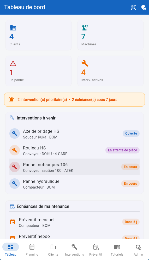 Tableau de bord de l'application Maintova